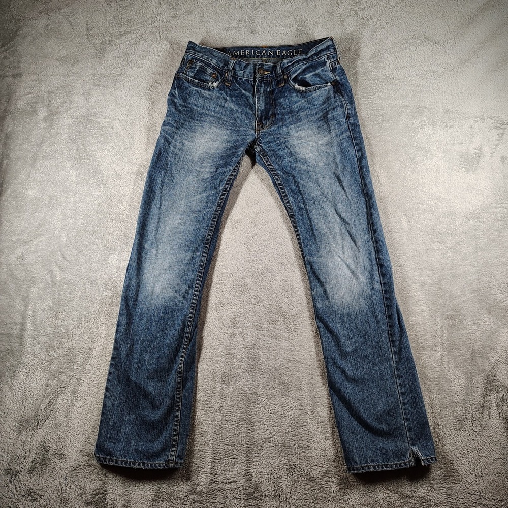 American Eagle Jeans Men 30x32 Blue Slim Straightโ Distressed Denim Cotton Zip